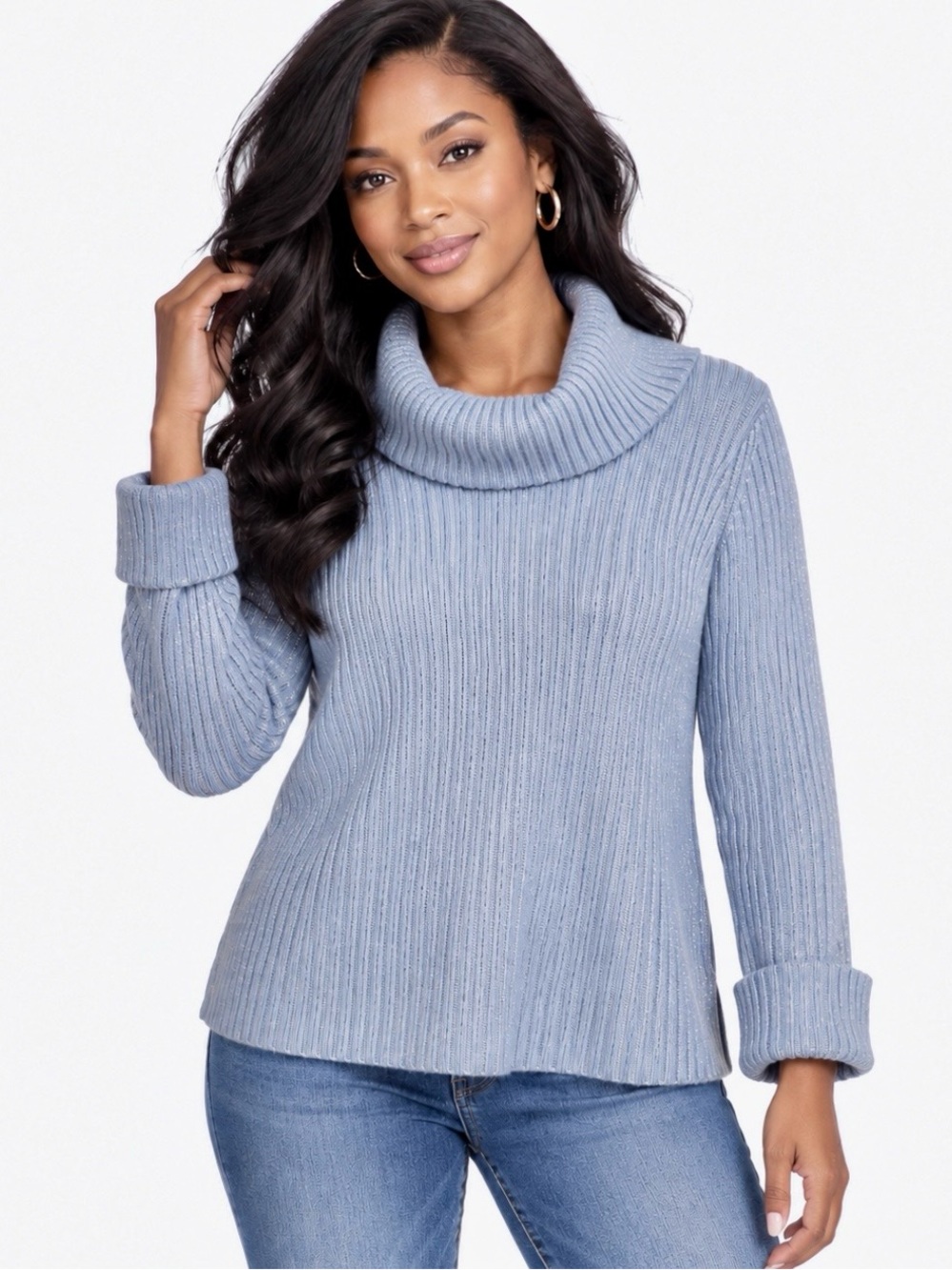 Calvin Klein Blue Gray Metallic Ribbed Cowl Neck Long Sleeve Pullover Sweater S